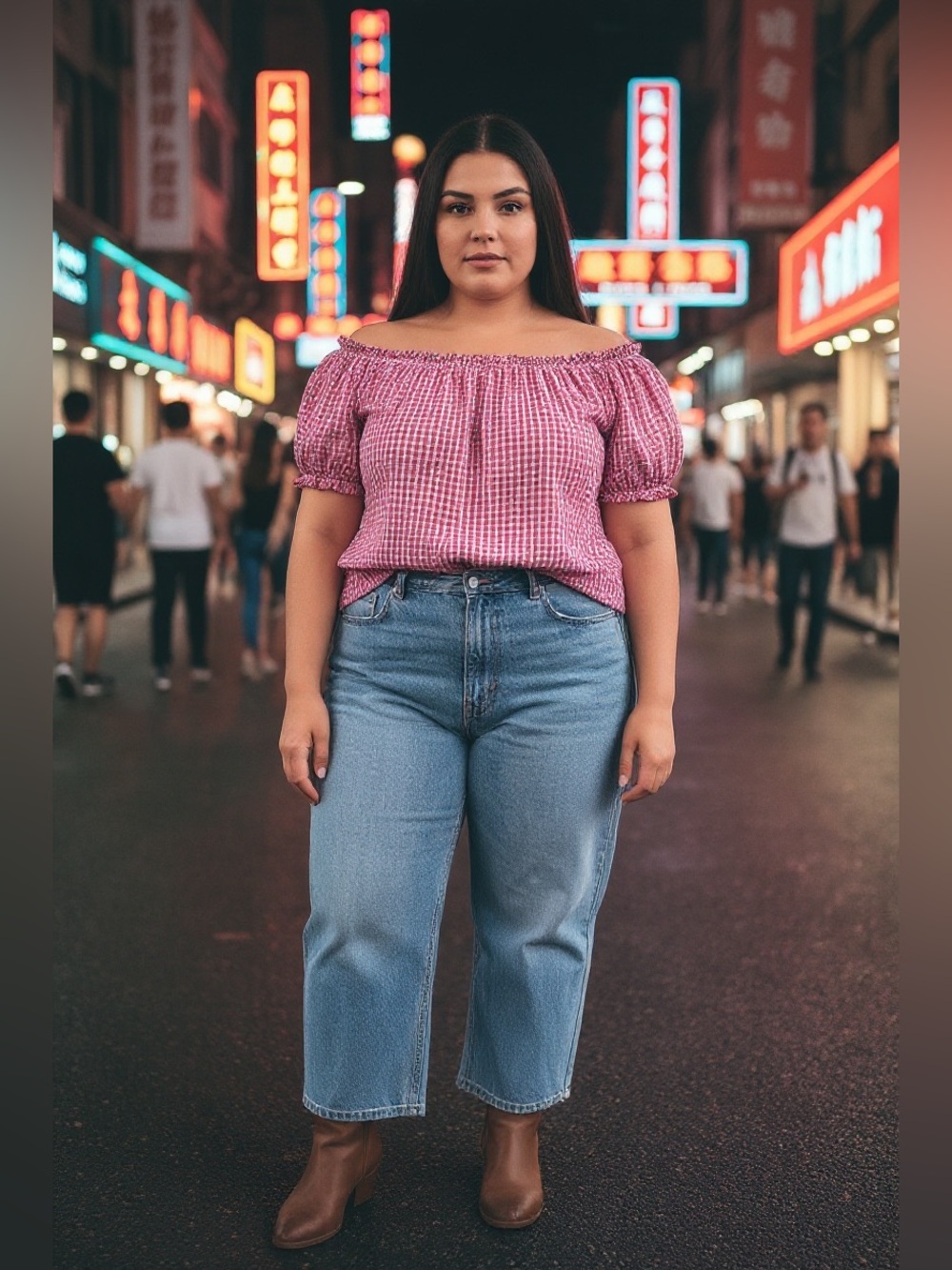 Women's plus size Pink Gingham Off-Shoulder Top hot pink